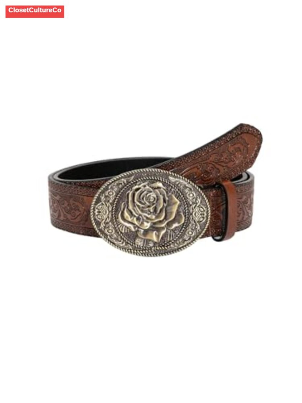 Faux Leather Western Cowgirl Belt Floral Engraved Metal Buckle